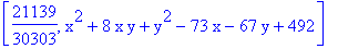 [21139/30303, x^2+8*x*y+y^2-73*x-67*y+492]